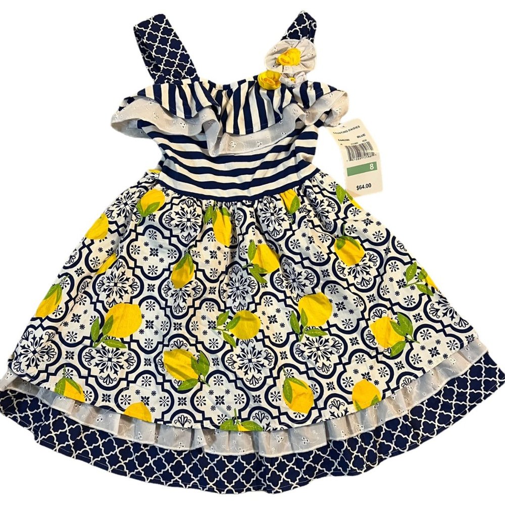 Counting Daisies Adorable Yellow/Navy Blue Spring Dress Sz 8 NWT